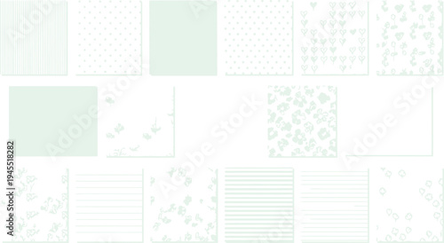 Green patterned squares and rectangles arranged horizontally on white background