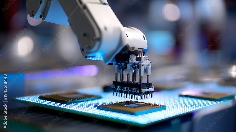 Fototapeta premium Advanced Robotic Arm Precisely Places Microchip Components onto a Printed Circuit Board for High-Tech Electronics Manufacturing Process