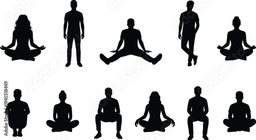 Collection of people silhouettes in meditation yoga and casual sitting poses on white background