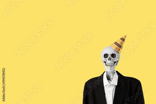 Human skeleton in party hat...