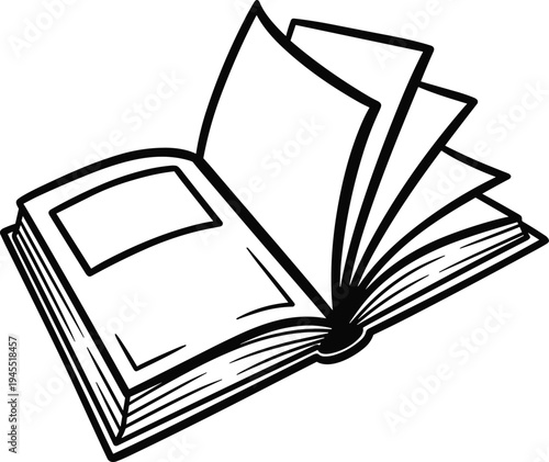 Black and white of an open book with blank pages cartoon