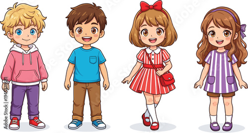 Collection of cute diverse children characters in casual outfits isolated on white background vector