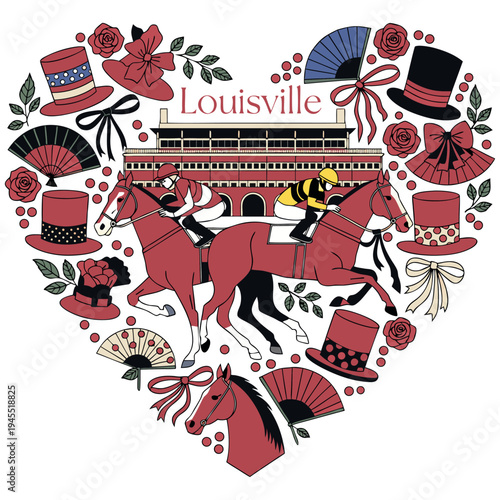 Louisville Kentucky Horse Race Illustration with Fancy Hats and Roses in Heart Shape