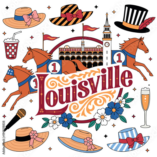 Louisville City Landmarks and Horse Racing Symbols Illustration with Floral Accents