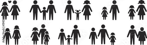 Black silhouette illustration of diverse family structures including couples, parents, and children, symbolizing modern relationships, inclusivity, love, and family diversity for stock design use.