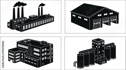 Industrial, Factory, Buildings, Set, Warehouse, Plant, Silo, Storage, Facility, Infrastructure, Construction, Manufacturing, Icons, and, Vector