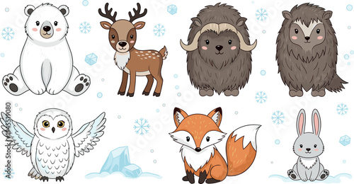 Cute winter forest animals character set with polar bear deer fox owl rabbit musk ox snow vector illustration