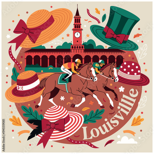Louisville Horse Race and Southern Fashion Illustration with Jockeys and Sunburst