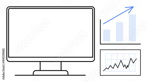 Business growth, data analytics, financial strategies, performance review, trends, technology. A computer screen with bar chart and line graph displaying growth. Business growth and data analytics