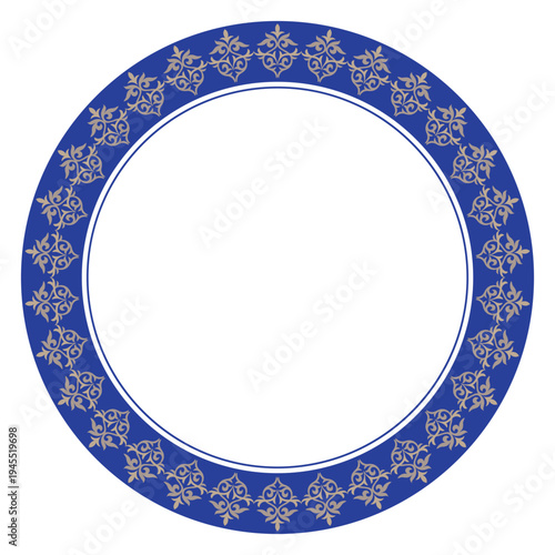 Beautiful blue and white round frame arabesques. Plate with floral design. Vintage, ethnic vector frame with arabesques EPS. Pattern frame for round surfaces, household utensils, textiles, embroidery,