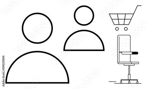 E-commerce, online user accounts, workplace design, retail, digital tools, shopping experience. User profile icons, shopping cart and office chair outline. E-commerce and online user accounts