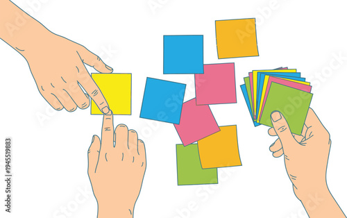 People interact picking colorful sticky notes from scattered stack