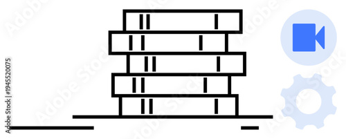 Online education, media production, technology, knowledge sharing, digital tools, research. A stack of books beside a video icon and gear. Online education and media production concepts