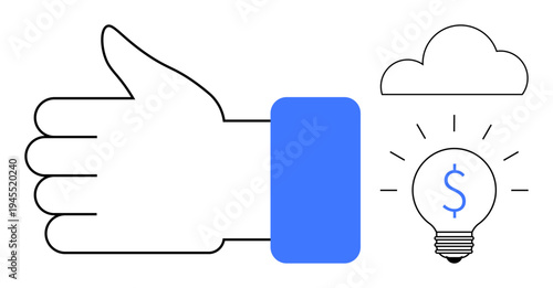 Business success, creativity, innovation, financial growth, entrepreneurship, digital ideas. A thumbs-up hand, light bulb with dollar sign and cloud. Business success and creativity concept