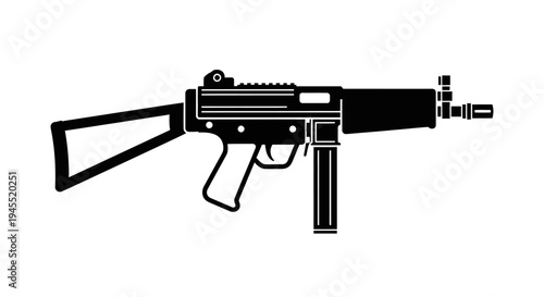 Submachine Gun Icon Black Silhouette on White Background, Weapon Vector Art