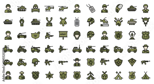 Military Icon Set: Army Vehicles, Soldiers, Weapons, and Equipment