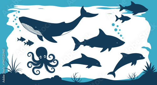 Oceanic Wildlife Silhouettes: Whale, Shark, Dolphin, Octopus, Fish in Blue Water