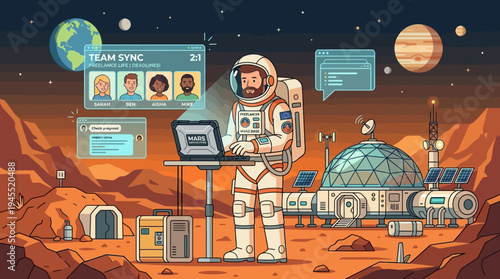 A 2d vector astronaut on mars conducts an online team sync meeting, showcasing hybrid remote work challenges.