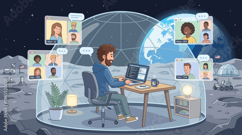 2d vector of a man working remotely in a moon dome, engaged in online hybrid work meetings with earth.