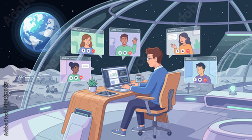 A 2d vector illustration of a man engaged in a hybrid work online meeting from a futuristic moon base, with earth visible in the sky.