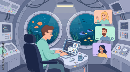 2d vector shows a man in a submarine on an online meeting, symbolizing hybrid work challenges.
