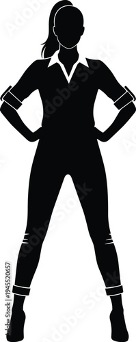 Black silhouette of a woman in a jumpsuit with hands on hips confident pose