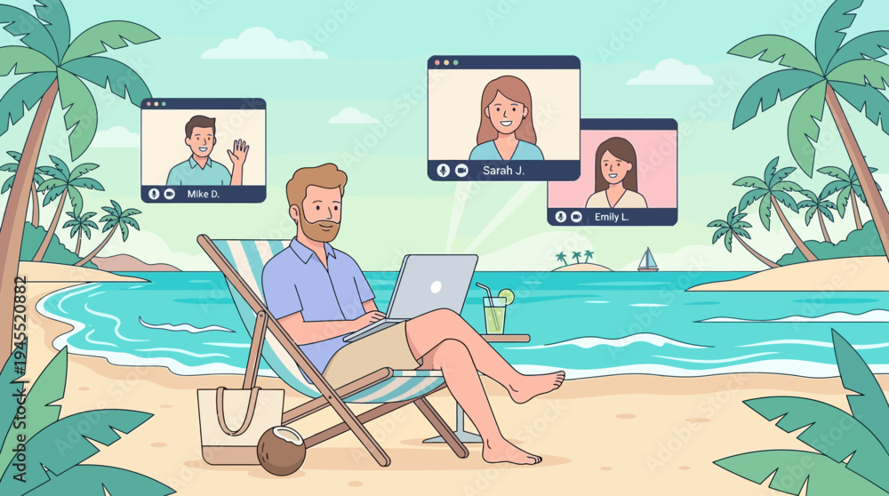 Fototapeta premium 2d vector illustration: man working remotely from a tropical beach with an online hybrid meeting.