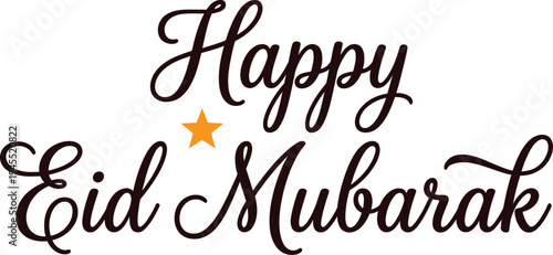 Elegant cursive Happy Eid Mubarak greeting with golden star accent on pristine white background for festive Islamic celebration designs