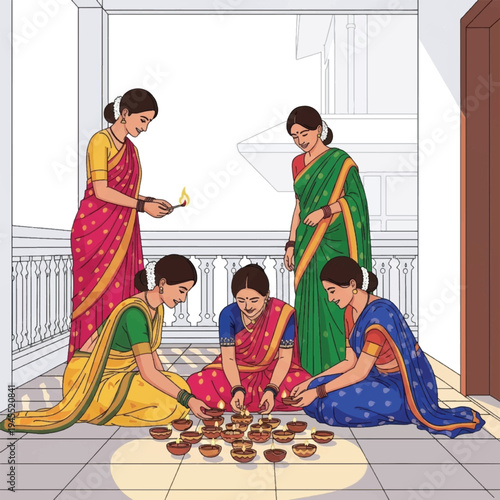 Women in traditional Indian clothing celebrating.