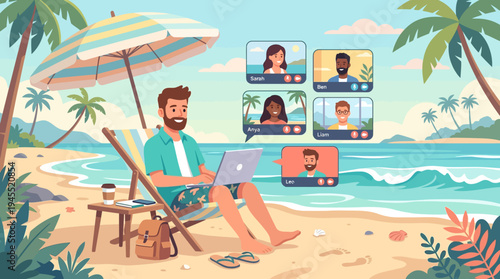 A relaxed man works remotely on his laptop from a bright tropical beach, attending a 2d vector online hybrid meeting.