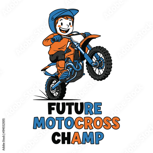 Young boy riding dirt bike with helmet and gear in action tshirt design