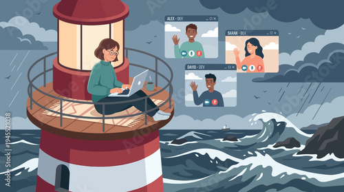 2d vector: woman remote working on a lighthouse, online meeting amidst stormy hybrid work challenges.