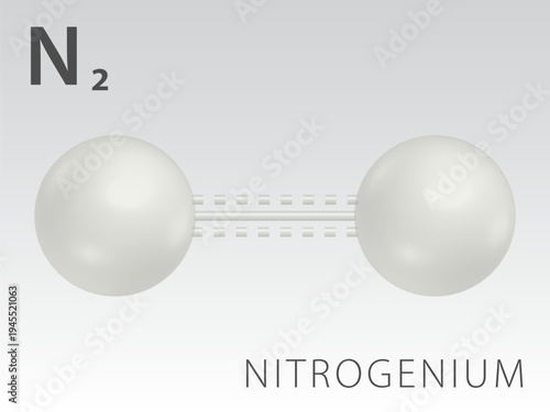Nitrogenium N2 molecule model and chemical formula.  Gas. Three dimentional model, Illustration on white background. EPS10.