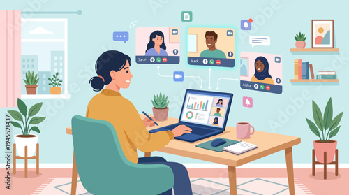 A smiling woman in a bright 2d vector home office participates in an online hybrid work meeting.