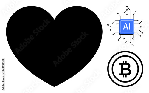 Technology, blockchain, cryptocurrency, artificial intelligence, fintech, emotional connection. Black heart symbol with AI chip and Bitcoin logo. Technology and blockchain concept