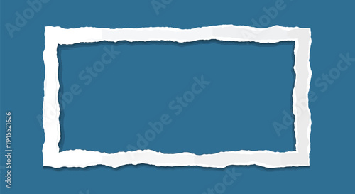 Torn paper frame on blue background with white edges and empty space
