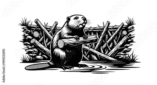 Detailed Beaver Illustration Holding Log for Dam Construction.