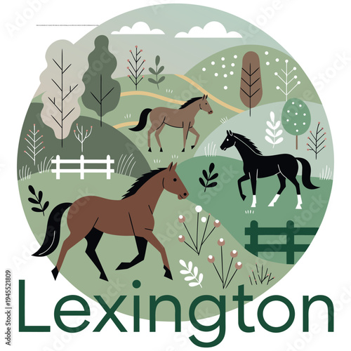 Lexington Kentucky Equestrian Landscape with Running Horses and Rolling Hills