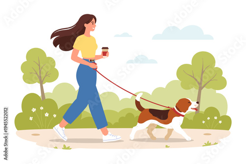 Happy young woman walking her beagle dog on a red leash in a lush green park while holding a coffee cup. Flat vector illustration of a girl enjoying a morning stroll with her pet in nature.
