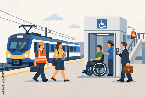 Modern train station platform with commuters, workers, and a blue electric train, featuring an accessible elevator for people with disabilities and a man in a wheelchair with station staff.