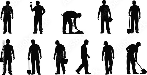 Construction worker silhouette set with tools, men digging with shovel holding hammer, manual labor poses collection for building maintenance and industrial work activity concepts