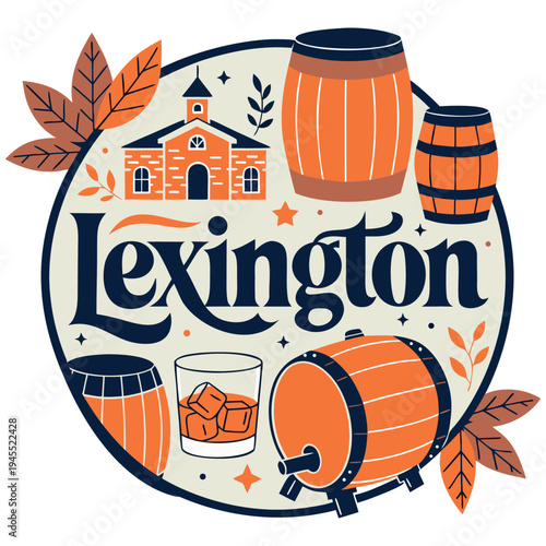 Lexington Kentucky Whiskey Heritage Illustration with Barrels and Architecture