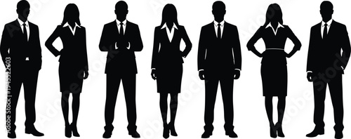 Black silhouettes of business people men and women in suits standing in a row