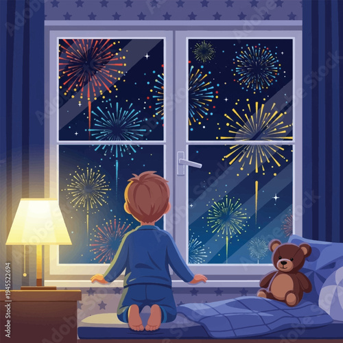 Child watching fireworks from bed.