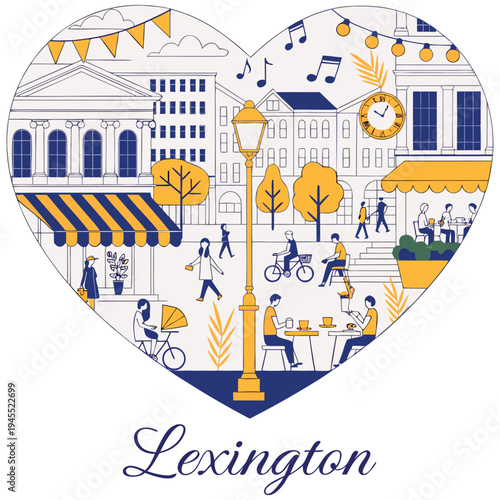 Lexington Downtown City Life Heart Illustration with Cafes and Street Scenes