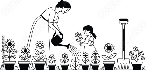 Black and white illustration of adult and child gardening together, watering plants, holding flowers, with pots, shovel, and blooming garden scene symbolizing care and bonding
