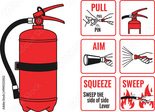 Fire extinguisher with instructions on how to use it fire safety pull