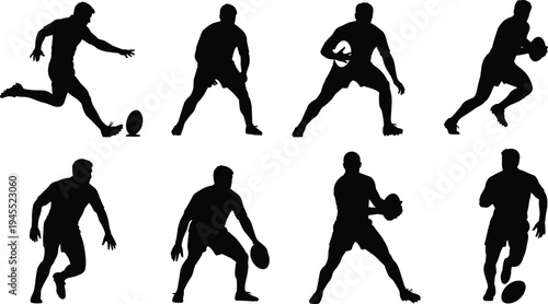 Eight black silhouettes of rugby players in various action poses on white background