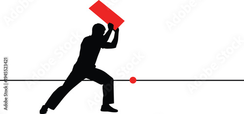 Man in black silhouette hitting red rectangle above a line and red circle