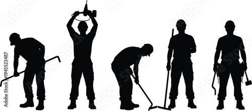 Construction worker silhouettes set with various tools including jackhammer, shovel, rake and sledgehammer, representing industrial labor workforce, engineering teamwork and building 